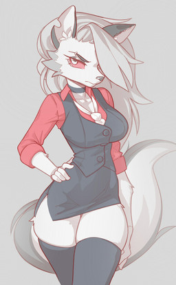 5_fingers absolute_territory angry anthro arm_tuft big_breasts bottomwear breasts business_attire businesswear cheek_tuft choker clothing collarbone cosplay crossover_cosplay eyebrows facial_tuft female fingers fur fur_tuft glare glaring_at_viewer grey_body grey_fur grey_hair grey_tail hair hair_over_eye hand_on_hip jewelry legs_together legwear looking_at_viewer miniskirt necklace office_clothing pose red_clothing red_sclera red_topwear secretary skirt slim squish standing stockings tail thick_thighs thigh_highs thigh_squish tight_clothing topwear tuft white_body white_fur white_tail gaken_if hellaverse helltaker helluva_boss mythology loona_(helluva_boss) canid canid_demon canine demon hellhound mammal mythological_canine mythological_creature absurd_res crossover hi_res
