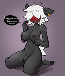 anthro black_hooves blush breasts embarrassed genitals gynomorph hair hair_over_eyes hooves intersex nipples nude penis solo text notsafeforweh belle_(mewgle) bovid caprine mammal sheep french_text hi_res trans_(lore) trans_woman_(lore)