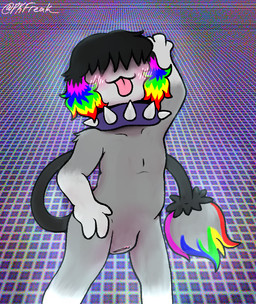 3_fingers anthro anthrofied arm_tuft bangs black_hair clitoris collar female fingers flat_chested fur genitals geometric_background grey_body grey_fur grid_background hair hidden_eyes multicolored_hair multicolored_tail nude nude_female paintbrush_tail pattern_background pokemorph rainbow_hair rainbow_tail shoulder_tuft simple_background smile solo spiked_collar spikes tail tongue tongue_out tuft vulva webcore pkfreak nintendo pokemon vivi_(psykwol) generation_2_pokemon pokemon_(species) smeargle