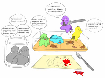 abuse ambiguous_feral ambiguous_gender animal_abuse baby_talk blood blue_body blue_fur blue_tail bodily_fluids container covering covering_eyes covering_face crying dialogue eyes_closed featureless_crotch featureless_feet featureless_hands feces feet feral fur glass glass_container gore green_body green_fur group guts helpless jar lying medical_instrument monotone_body monotone_fur neonate offscreen_character on_front on_hind_legs organs pooping purple_body purple_fur purple_tail scalpel scared scientific_instrument screaming standing suffering surgical_instrument tail tears text torture yellow_body yellow_fur yellow_tail young young_ambiguous young_feral carpdime fluffy_pony fluffy_pony_(species) mammal digital_media_(artwork) english_text flat_colors