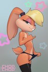 anthro blue_eyes breasts clothed clothing clothing_pull covering covering_breasts covering_self eyeshadow female hand_on_breast legwear looking_at_viewer makeup medium_breasts panties panty_pull pink_eyeshadow scut_tail short_tail solo stockings tail thigh_highs topless underwear underwear_pull chopchop looney_tunes warner_brothers lola_bunny lagomorph leporid mammal rabbit