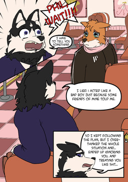anthro dating dialogue diner duo love male male/male restaurant romantic romantic_ambiance romantic_couple speech_bubble sagilmito canid canine canis domestic_dog fox husky mammal nordic_sled_dog spitz absurd_res comic hi_res story