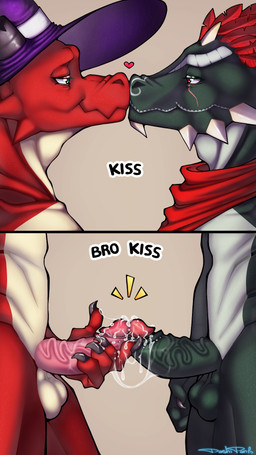 anthro balls blush bodily_fluids clothed clothing duo erection genital_fluids genitals horn humanoid_genitalia humanoid_penis kissing male male/male nude penile penis penis_touching smile tail text dashipants kobold mammal scalie 9:16 digital_media_(artwork) hi_res