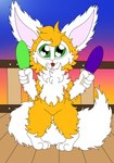 amber_fur anthro fluffy fluffy_tail food fur green_eyes kemono male neck_tuft popsicle short_legs solo tail tongue tongue_out tuft white_body white_fur wide_hips coelhoposa_(artist) romeo_(coelhoposa) canid canine fennec_fox fox hybrid lagomorph leporid mammal rabbit true_fox absurd_res digital_drawing_(artwork) digital_media_(artwork) digital_painting_(artwork) hi_res