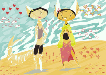 anthro blue_sky bottomwear clothed clothed_female clothing cloud detailed_background duo eyes_closed female flower fur grass heart_symbol plant shirt shorts skirt sky smile standing star tank_top topwear yellow_body yellow_fur naircat domestic_cat felid feline felis mammal 2017 digital_media_(artwork) microsoft_paint_(artwork)