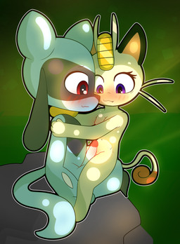 anthro blush breasts duo female genitals male male/female on_lap penis sitting_on_lap teasing vulva young young_female young_male young_on_young littlecowgomoo nintendo pokemon felid feline generation_1_pokemon generation_4_pokemon mammal meowth pokemon_(species) riolu absurd_res hi_res