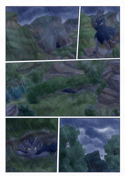 5_fingers ambiguous_gender anthro biped black_body black_fur black_tail clothing cloud cloudy_sky fangs feral fingers fur grass green_eyes horn lying outside plant raining rock shirt sky solo tail teeth topwear yellow_sclera bjekkergauken imbali_(bjekkergauken) avian bird owl unknown_species 2025 colored comic hi_res