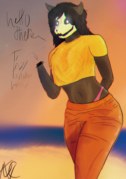 anthro beach bottomwear clothing crop_top female hair looking_at_viewer messy_hair missing_hand pants shirt solo star sunset talking_to_viewer text topwear underwear alostcarolean scp_foundation scp-1471-a canid canine mammal absurd_res hi_res huge_filesize