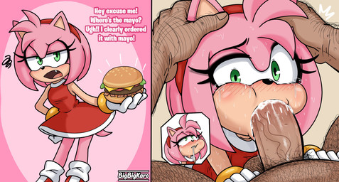 accessory annoyed anthro big_penis blush bodily_fluids bracelet burger clothing cum cum_in_mouth cum_inside dress duo fangs female food genital_fluids genitals gloves hair_accessory hairband handwear holding_both_ears jewelry male male/female oral penis sweat tail tears tears_of_pleasure teeth bigbigkaro sega sonic_the_hedgehog_(series) amy_rose eulipotyphlan hedgehog human mammal hi_res