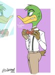 abstract_background anthro beak bow_tie brown_body brown_feathers butt dialogue feathers fingers green_body green_feathers khakis male mirror multicolored_body multicolored_feathers sharp_teeth short_tail simple_background solo standing suspenders tail teal_eyes teeth text two_tone_body two_tone_feathers doritohead brogulls raeford_burke anas anatid anseriform avian bird dabbling_duck duck mallard 2022 artist_name digital_media_(artwork) english_text hi_res signature