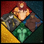 abs anthro areola armband barbell_piercing beak big_areola big_nipples big_pecs black_body black_fur blue_eyes brown_body fangs forked_tongue fur genitals green_body green_nipples green_scales green_sclera grey_body grey_fur grin group gryffindor hair hand_behind_head hufflepuff looking_at_viewer male mane mostly_nude muscular muscular_anthro muscular_male navel necktie necktie_only nipple_barbell nipple_piercing nipples pattern_necktie pecs penis penis_base piercing pubes pupils ravenclaw red_eyes red_hair red_mane scales slit_pupils slytherin smile smirk tan_body tan_fur teeth tongue vein yellow_eyes narram harry_potter_(series) accipitrid accipitriform avian badger bird eagle felid lion mammal mustelid musteline pantherine reptile scalie snake 1:1 2021 absurd_res artist_name hi_res