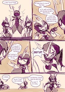 ambiguous_gender angry bodily_fluids crying dialogue eyes_closed food group holding_food holding_object male narrowed_eyes open_mouth simple_background smile smug speech_bubble standing tears teeth text trio grimart nintendo pokemon anax_(grimart) bisharp generation_5_pokemon humanoid pokemon_(species) comic digital_media_(artwork) english_text