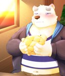 anthro belly big_belly bodily_fluids bread clothed clothing crying detailed_background food hoodie humanoid_hands inside kemono male navel open_clothing open_hoodie open_topwear overweight overweight_male sad shirt sitting solo tears topwear white_body udontarai utau shirane_kan bear mammal polar_bear ursine 2022 absurd_res hi_res