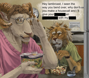 age_difference anthro break_room detailed_background doctor duo eating elderly_anthro elderly_male eyewear flirting food glasses horn male male/male male_anthro older_anthro older_male orange_eyes salad scrubs sexual_harassment sitting text uncomfortable wearing_glasses white_body younger_anthro younger_male kaltag1925 bovid caprine felid lion mammal pantherine sheep english_text hi_res