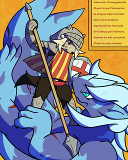 anthro armor balls blood blue_body blue_eyes blue_skin blush blush_lines bodily_fluids brown_body brown_fur cape catalan_flag catalonia clothing diada_de_sant_jordi duo female feral fur genitals hair headgear helmet knot knotted_penis lance long_hair male male/female male_on_top melee_weapon on_top penis poetry polearm pubes quadruped questionable_consent red_eyes sant_jordi_shield shield text verse vulva weapon whiskers wounded disvain_(artist) catalan_mythology mythology disvain_(sea_otter) saint_george yuuna_(ivyr) aquatic dragon elemental_creature elemental_dragon ice_dragon mammal mustelid mythological_creature mythological_scalie otter scalie sea_otter 2026 absurd_res catalan_text digital_media_(artwork) hi_res shaded