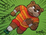 2022 4:3 anthro ball bear beard77777 bottomwear brown_body clothing hi_res ii_niku_no_hi japanese_text kemono kumalino male mammal musclegut muscular roast_(kumalino) rugby rugby_ball rugby_uniform sanrio shirt shorts solo text topwear