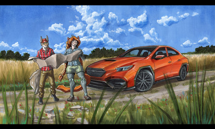 5_fingers anthro biped black_bars brown_body brown_fur car detailed_background duo female fingers fur hair male orange_body orange_fur orange_hair outside prosthetic prosthetic_arm prosthetic_leg prosthetic_limb sky vehicle ewgengster subaru canid canine canis domestic_cat felid feline felis human hybrid mammal wolf 2026 absurd_res hi_res letterbox traditional_media_(artwork)
