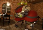 breasts cleavage clothed clothing diner dinner dress female horn lamp machine rear_view restaurant solo koofey blizzard_entertainment overwatch orisa_(overwatch) omnic robot taur 3d_(artwork) blender_(artwork) digital_media_(artwork) hi_res