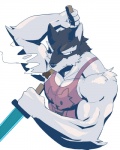 2015 4:5 anthro biceps canid canine canis clothed clothing doggo_(undertale) domestic_dog fur male mammal muscular muscular_anthro muscular_male pecs shirt simple_background solo tank_top topwear tsukigata_rossi undertale undertale_(series) white_body white_fur