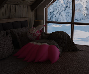 ambiguous_gender anthro bed bedding bedroom birthmark blanket fur furniture markings pink_body sleeping white_body white_fur winter burtrevolution burtrevolution_(burtrevolution) canid canine fox mammal 3d_(artwork) digital_media_(artwork) hi_res
