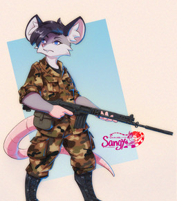 anthro athletic big_ears black_hair blue_eyes boots camo clothing combat_boots fangs female fn_fal footwear fur grey_body grey_fur gun hair holding_gun holding_object holding_ranged_weapon holding_rifle holding_weapon inner_ear_fluff long_tail military military_uniform pink_body pink_nose pink_skin ranged_weapon rifle shoes slim soldier solo tail teeth tuft uniform warrior weapon white_inner_ear_fluff young sangy charlie_(spookycyborg) american_opossum mammal marsupial absurd_res hi_res