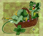 accessory anthro avali basket blep container feathers felisrandomis female flower flower_in_hair green_body green_feathers hair hair_accessory hi_res lying multicolored_body multicolored_feathers on_back pawpads plant solo tongue tongue_out yellow_body yellow_eyes yellow_feathers