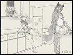 anthro appliance apron apron_lift barefoot black_border border clothed clothing clothing_lift container cooking cup cupcake dreadlocks duo feet female food fridge fur hair kitchen kitchen_appliance male muscular muscular_female stretching t-kay daigo_(character) katie_tinson canid canine fox mammal mouse murid murine rodent 2012 4:3 digital_drawing_(artwork) digital_media_(artwork)