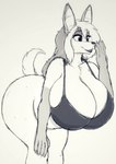 anthro big_breasts biped bottomless breasts clothed clothing ears_up female hair huge_breasts leaning leaning_forward long_hair overweight overweight_anthro overweight_female raised_tail solo standing tail thick_thighs wide_hips herro dripdry canid canine canis jackal mammal 2024 absurd_res hi_res monochrome sepia