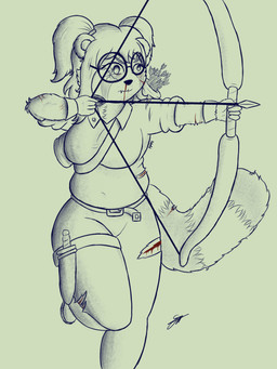anthro archer arrow_(weapon) bangs belt big_breasts biped blood bodily_fluids bottomwear bow_(weapon) breasts broken_glasses clothing eyewear female fur fur_markings glasses knife_sheath long_tail markings overweight overweight_anthro overweight_female pants quiver_(object) ranged_weapon shirt solo tail thick_thighs topwear weapon wearing_glasses wide_hips wounded pabord ritsuko_(pabord) bear giant_panda mammal 2025 3:4 absurd_res digital_drawing_(artwork) digital_media_(artwork) hi_res monochrome signature