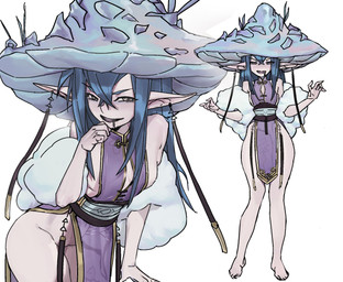 blue_hair clothed clothing female front_view fungus genitals glistening glistening_eyes grey_eyes hair humanoid_pointy_ears leaning leaning_forward light_body light_skin looking_at_viewer mushroom mushroom_cap narrowed_eyes not_furry open_mouth open_smile pointy_ears purple_clothing simple_background smile solo standing unsigned vulva white_background shermugi elemental_creature elemental_humanoid fungi_fauna fungi_humanoid humanoid mushroom_humanoid 2022 hi_res