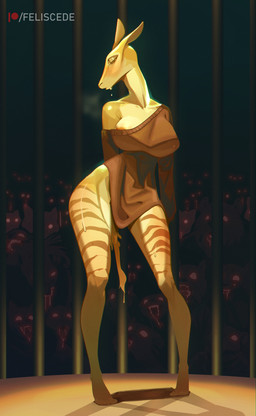 anthro big_breasts breasts clothed clothing female inside public striped_body stripes wide_hips feliscede beastars cosmo_(beastars) giraffid mammal okapi 2022 digital_media_(artwork) hi_res
