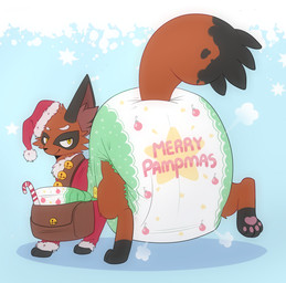 4_toes ambiguous_gender bag bell big_diaper black_nose brown_body brown_ears brown_fur brown_spots brown_tail brown_tail_tip christmas_clothing christmas_headwear clean_diaper clothed clothing cloud_emanata coat costume diaper diaper_bag diaper_puff dipstick_tail emanata facial_markings feet feral folded_diaper fur hat head_markings headgear headwear holidays huge_diaper inner_ear_fluff jingle_bell leg_markings looking_back markings multicolored_body multicolored_fur orange_body orange_fur orange_tail pawpads pink_pawpads raised_leg red_clothing red_coat red_inner_ear red_inner_ear_fluff red_topwear santa_costume santa_hat satchel simple_background smile socks_(marking) solo spots spotted_body spotted_fur spotted_markings spotted_tail tail tail_markings text text_on_diaper three-quarter_view toes topwear tuft two_tone_tail wearing_diaper white_body white_fur white_markings jupiters christmas nintendo pokemon generation_8_pokemon nickit pokemon_(species) english_text full-length_portrait hi_res portrait