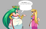 big_breasts big_butt breasts butt butt_envy clothed clothing clothing_lift curvy_figure dress dress_lift duo female hand_on_hip hourglass_figure huge_butt humanoid_pointy_ears not_furry pointy_ears dotodonoto kid_icarus nintendo the_legend_of_zelda palutena princess_zelda deity humanoid hylian animated high_framerate short_playtime sound webm