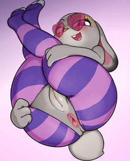 anthro anus big_butt blush bottomwear butt clothed clothing easy_access eyewear feet female fingers genitals grey_body hand_on_leg hand_on_own_leg hand_on_own_thigh hand_on_thigh leggings legwear long_ears looking_at_viewer open_mouth pattern_bottomwear pattern_clothing presenting purple_eyes scut_tail short_tail solo striped_bottomwear striped_clothing stripes sunglasses tail teeth toes tongue vulva dedreds disney zootopia judy_hopps european_rabbit lagomorph leporid mammal oryctolagus rabbit hi_res