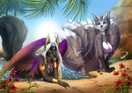 2021 anthro areola breasts canid canine day deeless detailed_background digital_media_(artwork) duo eyebrows eyelashes feathered_wings feathers female hi_res hybrid mammal nipples nude outside sky wings