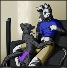 animal_genitalia animal_penis anthro bdsm bodily_fluids body_worship briefs clothed clothed_anthro clothed_male clothing collar cum cum_string dominant dominant_male duo equine_genitalia equine_penis erection eyes_closed fellatio furniture genital_fluids genital_worship genitals green_eyes holding_leash holding_object interspecies interspecies_domination kneeling leash leash_pull male male/male male_anthro male_penetrated male_penetrating male_penetrating_male melanistic mohawk oral penetration penile penis penis_worship saliva sex sitting skimpy sofa stripes submissive submissive_male tail underwear shiuk oddball_(character) zeeby equid equine felid mammal pantherine zebra 2010 digital_media_(artwork)