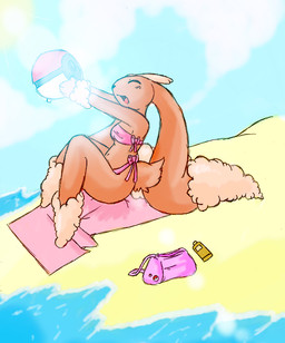 anthro beach cloud detailed_background female holding_object holding_pokeball on_towel outside pokeball sand seaside sky solo standard_pokeball sun towel water inkcookie nintendo pokemon generation_4_pokemon lagomorph lopunny mammal pokemon_(species) 2008