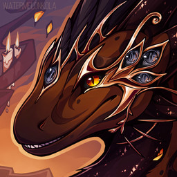 ambiguous_gender black_sclera brown_body brown_horn candle feathers feral glistening glistening_eyes grey_body grey_eyes grey_feathers grin horn multi_eye orange_eyes sharp_teeth smile solo teeth text kolaa flight_rising mythology dragon mythological_creature mythological_scalie scalie wildclaw_dragon 1:1 artist_name