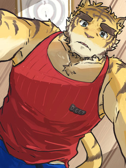 anthro barazoku blue_eyes brown_body brown_fur brown_stripes ceiling clothing countershade_arms countershade_face countershade_torso countershading fur kemono looking_at_viewer male muscular muscular_anthro muscular_male red_clothing red_shirt red_tank_top red_topwear shirt solo striped_body striped_fur stripes tail tan_body tan_countershading tan_fur tank_top topwear yellow_body yellow_fur qhugfr morenatsu torahiko_ooshima felid mammal pantherine tiger 2025 3:4 hi_res