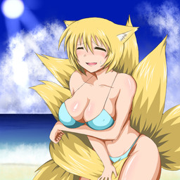 beach bikini breasts cleavage clothed clothing cloud detailed_background female fox_tail holding_breast multi_tail outside sand sea seaside skimpy sky solo sun swimwear tail thick_thighs two-piece_swimsuit water pepo_(absolute1123) touhou ran_yakumo animal_humanoid canid canid_humanoid canine canine_humanoid fox fox_humanoid humanoid mammal mammal_humanoid 1:1 hi_res