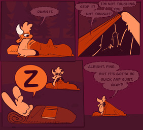 anthro argument camping duo erection erection_under_blanket female forest forest_background genitals male nature nature_background nude_anthro nude_male penis plant sleeping sleeping_bag speech_bubble text tree vanilla_candy saffron_(unicorn_blood) tulip_(unicorn_blood) bovid caprine lagomorph mammal sheep comic english_text hi_res restricted_palette