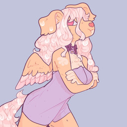 anthro breasts collar female fur hair long_hair markings small_breasts solo towel towel_only water wet wet_body wet_fur wings meowtune canid canine canis domestic_dog mammal 1:1 hi_res source_request