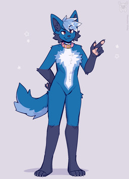 anthro blue_body blue_fur blue_hair blue_tail collar countershade_tail countershade_torso countershading featureless_crotch fur gesture gloves_(marking) grey_background hair hand_gesture hand_on_hip leg_markings logo looking_at_viewer male markings nude pink_collar pointing red_eyes simple_background socks_(marking) solo standing star_polygon tail white_body white_countershading fleurfurr clicky canid canine canis mammal wolf artist_logo cel_shading full-length_portrait hi_res portrait shaded