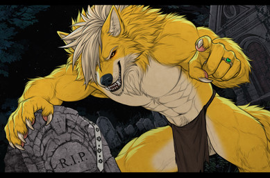 abs anthro biceps black_bars black_nose blonde_hair bottomwear cemetery claws clothed clothing collar countershading detailed_background diamond_(gem) digit_ring emerald_(gem) fangs footprint fur gem gesture glowing glowing_eyes hair hand_gesture inner_ear_fluff jewelry loincloth looking_at_viewer male mohawk muscular night outside pawpads pawprint pecs pink_pawpads plant pointing pointing_at_viewer ring smile smirk snout solo tan_body tan_countershading tan_inner_ear_fluff teeth tombstone topless tuft wedding_ring white_claws white_collar yellow_body yellow_ears yellow_fur clockhands mythology isan_(character) canid canine mammal mythological_canine mythological_creature werecanid werecanine werecreature werewolf absurd_res hi_res letterbox