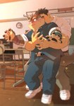 anthro blush classroom duo eyebrows fur grey_body grey_fur hug hugging_another hugging_from_behind male male/male musclegut muscular scar school thick_eyebrows inutora08 lifewonders tokyo_afterschool_summoners jock_protagonist_(tas) moritaka_(tas) protagonist_(tas) canid canine canis domestic_dog human mammal hi_res