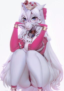 anthro armwear blue_eyes breasts camel_toe clothed clothing crouching crown eyelashes female glistening glistening_eyes hair headgear horn long_hair looking_at_viewer open_mouth pink_armwear pink_clothing simple_background solo unsigned white_background white_body white_breasts white_hair shermugi mythology equid equine mammal mythological_creature mythological_equine unicorn 2021 hi_res