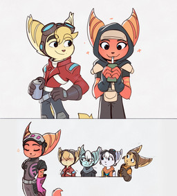 anthro belt beverage_can clothing eyes_closed eyewear eyewear_on_head female fingerless_gloves fur gloves goggles goggles_on_head group hand_on_hip handwear hood juice_box male red_body red_fur smile striped_body striped_fur stripes yellow_body yellow_fur time_fluffy500 ratchet_and_clank sony_corporation sony_interactive_entertainment mopz_(ratchet_and_clank) ratchet_(ratchet_and_clank) rivet_(ratchet_and_clank) sprocket_(ratchet_and_clank) widget_(ratchet_and_clank) lombax mammal 2025 hi_res