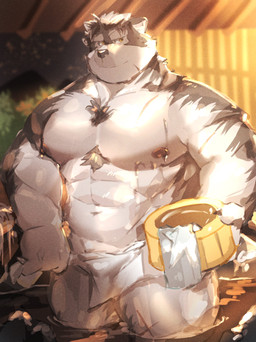 abs anthro bathing fur grey_body grey_fur hot_spring male muscular muscular_anthro muscular_male nipples partially_submerged pecs solo towel water yellow_eyes okentya lifewonders tokyo_afterschool_summoners horkeu_kamui_(tas) canid canine canis mammal wolf absurd_res hi_res