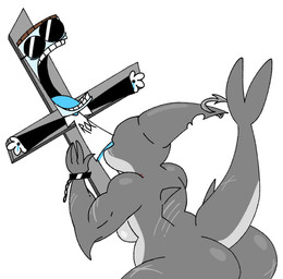 anthro arm_scar back_scar blue_tongue breasts butt clothing crucifixion dorsal_fin duo female fin fish_hook fish_hook_piercing for_a_head grey_body hook male male/female notched_fin open_mouth pain piercing scar shirt simple_background tail_scar teeth tongue topwear wearing_sunglasses white_background itz_not_v jarhead_(itz_not_v) fish marine object_head shark implied_oral 2025 hi_res