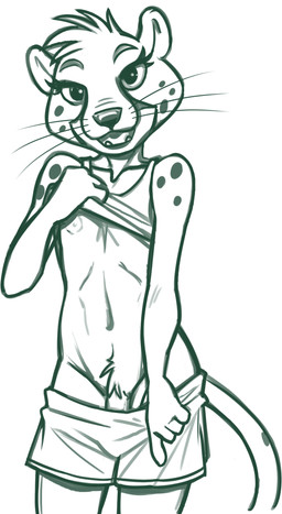 anthro clothed clothing eyelashes femboy flashing_penis front_view genitals looking_at_viewer male penis penis_peek pubes pulling_pants_down raised_clothing raised_topwear slim solo sportswear standing tail topwear whiskers redout lucky_kat_world jet_(lkw) cheetah felid feline mammal 2026 hi_res monochrome portrait three-quarter_portrait